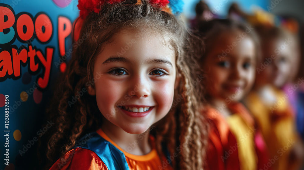 A playful group of children in colorful costumes trick-or-treating with A playful group of children in colorful costumes trick-or-treating with