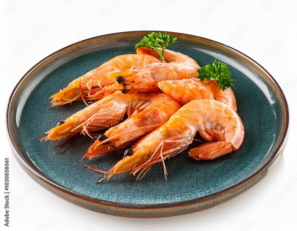 Un plato con una racion de gambas cocidas sobre una mesa blanca Un plato con una racion de gambas cocidas sobre una mesa blanca
