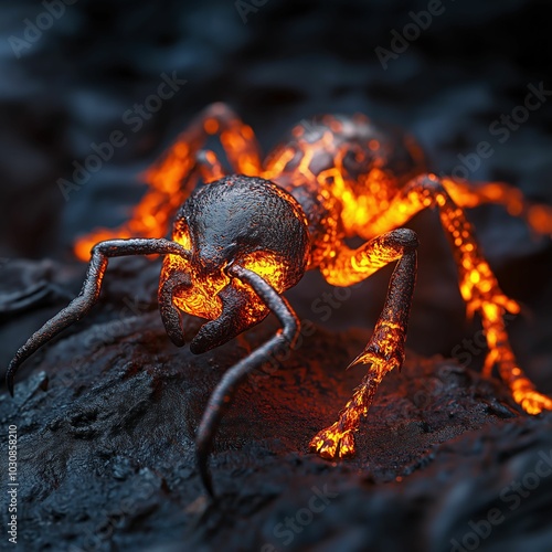 Futuristic glowing ant on dark textured surface in surreal lighting photo