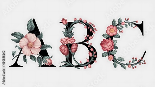 Floral Alphabet ABC - Decorative Letters with Pink Flowers and Greenery. photo