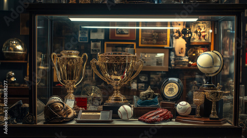 A collection of baseball trophies, gloves, and old game-worn equipment displayed in a glass case, with reflections of fans passing by. The scene evokes a sense of history. photo