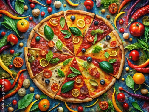 Colorful Pizza Abstract Art Design for Modern Home Decor, Perfect for Food Lovers and Culinary Enthusiasts