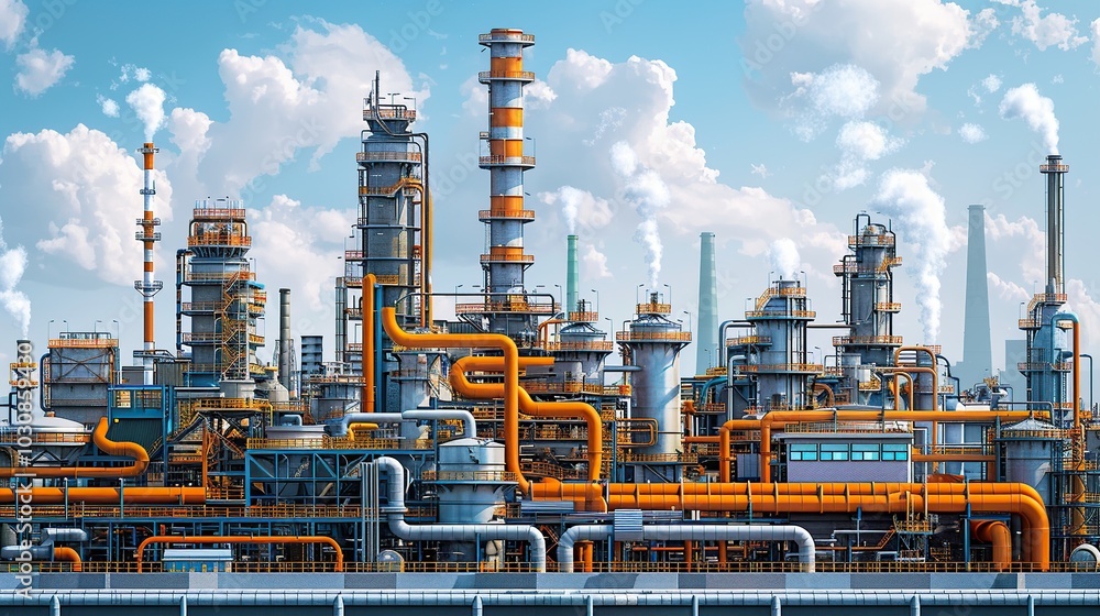 Industrial background featuring an exterior view of a factory, with intricate pipes and ducts, set against buildings and smokestacks. Oil refinery, chemical industry, detailed illustration. High Industrial background featuring an exterior view of a factory, with intricate pipes and ducts, set against buildings and smokestacks. Oil refinery, chemical industry, detailed illustration. High
