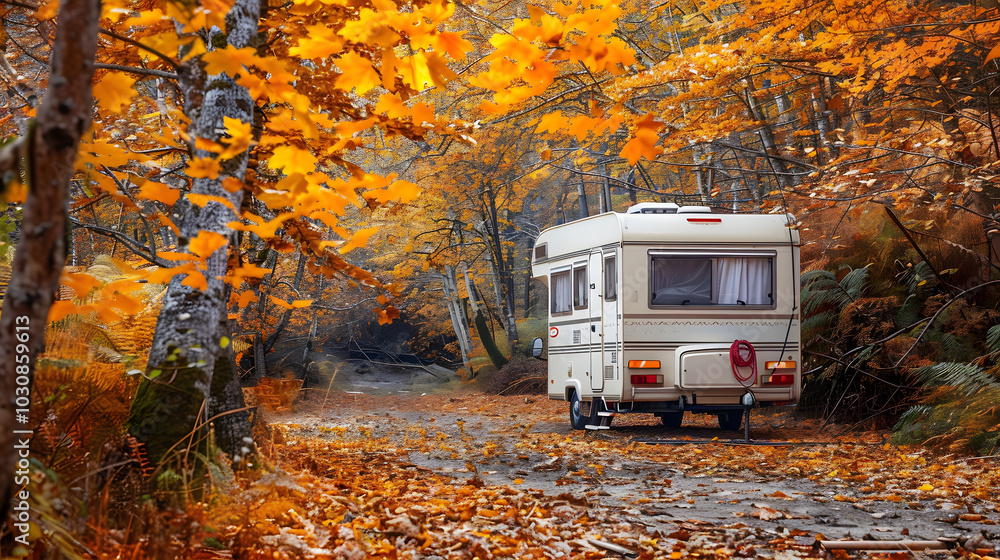 Travel trailer parked in forest wilderness nature in autumn or fall season outdoors background, Travel trailer parked in an autumn forest surrounded by orange and yellow leaves beautiful background. Travel trailer parked in forest wilderness nature in autumn or fall season outdoors background, Travel trailer parked in an autumn forest surrounded by orange and yellow leaves beautiful background.