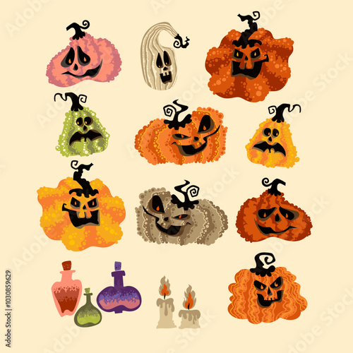 Cute and creepy orange pumpkin set