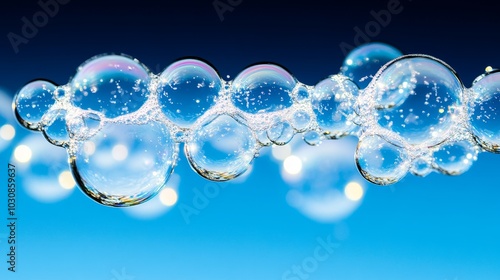 Bubbles floating gracefully against a bright blue background with soft reflections of light during a sunny afternoon