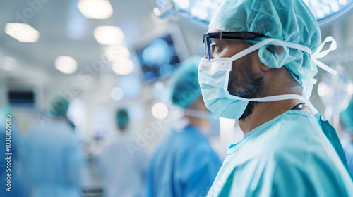 Focused surgeon in full protective gear in an operating room, highlighting medical expertise and precision during surgery.