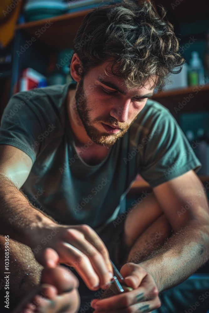 Obraz premium Man using cell phone on floor