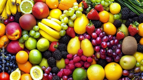 A vibrant assortment of fresh fruits, including bananas, grapes, strawberries, oranges, lemons, limes, and more, filling the frame with a colorful and healthy display.