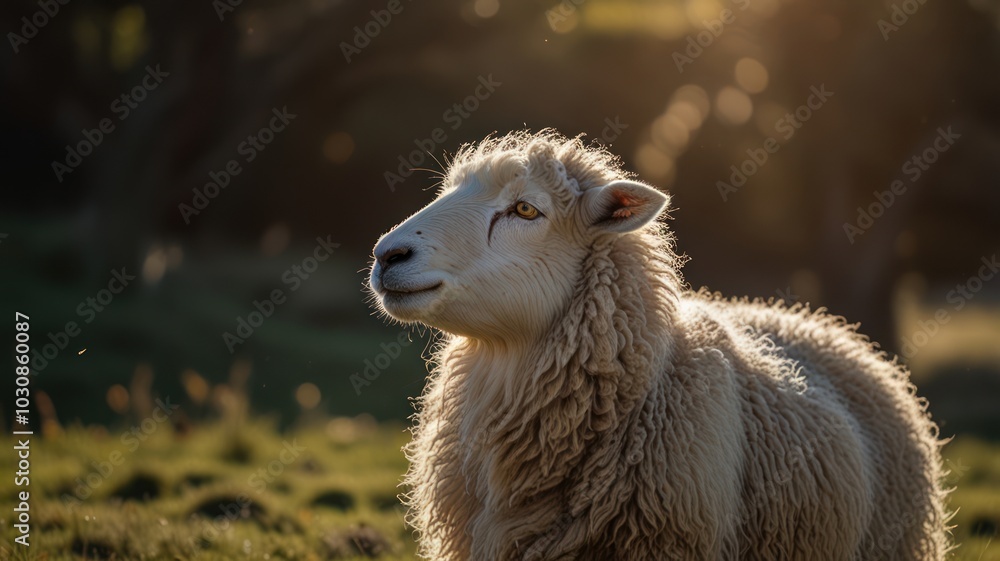 A white sheep with a fluffy coat stands in a green grassy field, gazing up at the sun. A white sheep with a fluffy coat stands in a green grassy field, gazing up at the sun.