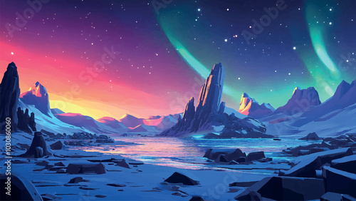 Aurora Over Rocky Seashore in Cartoon Vector Illustration Featuring Vibrant Northern Lights Scenic Coastal Landscape Waves and Night Sky Nature Beauty and Magical Atmosphere