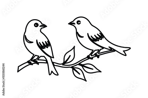 A delicate vector illustration of birds perched on a branch against a whiter background. Perfect for nature-themed designs, decorative elements, or minimalist art projects.