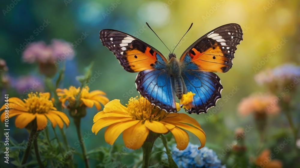 Obraz premium A photograph of natural scene of butterfly and flowers with blurry background