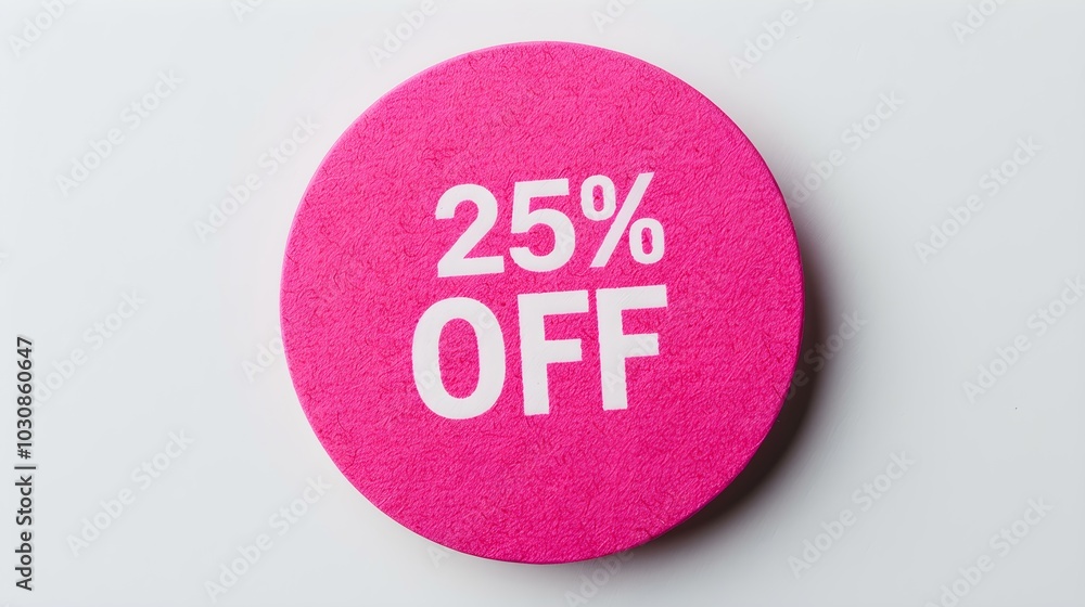 White '25% OFF' Text on a Fuchsia Round Paper Note. White Background with Copy Space White '25% OFF' Text on a Fuchsia Round Paper Note. White Background with Copy Space