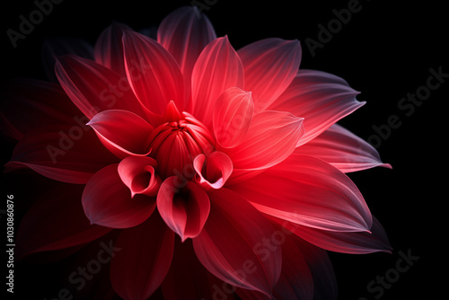 A close up of single Dahlia flower petal made from red neon glow light isolated on dark background