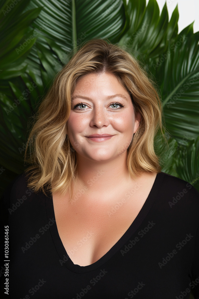 Close up portrait of a young 30-year-old woman indoors embodying natural beauty, self-care, harmony with nature, and original identity in a confident and stylish manner