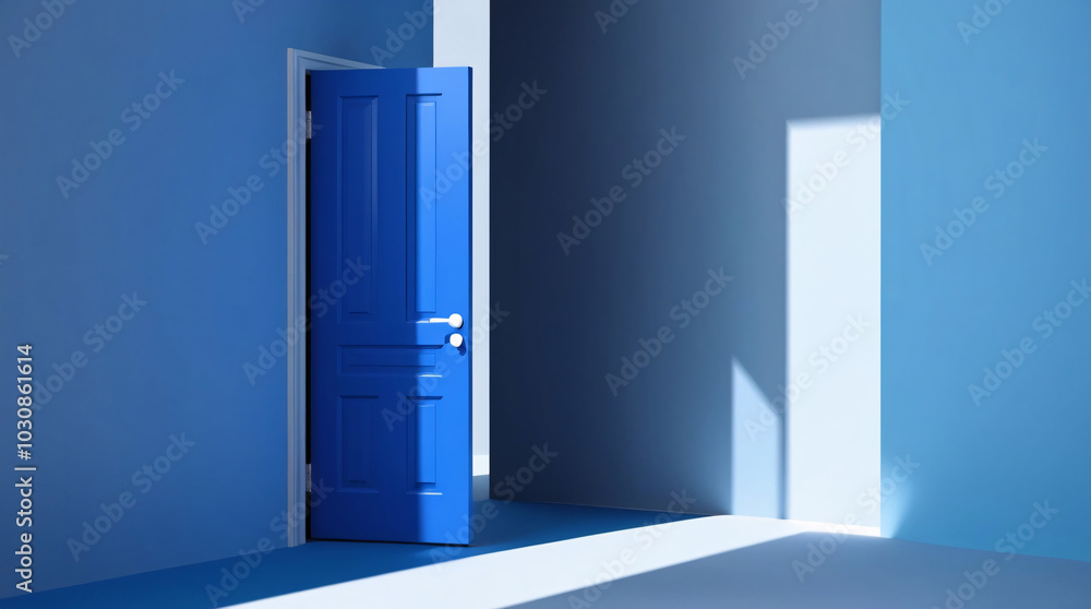Minimalist Digital Rendering A Vibrant Blue Door Ajar in a Seamlessly Integrated Room with Gradient Blues, Emphasizing Depth and Modernity Minimalist Digital Rendering A Vibrant Blue Door Ajar in a Seamlessly Integrated Room with Gradient Blues, Emphasizing Depth and Modernity