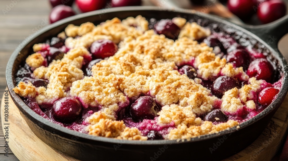 vegan cherry crumble in a skillet