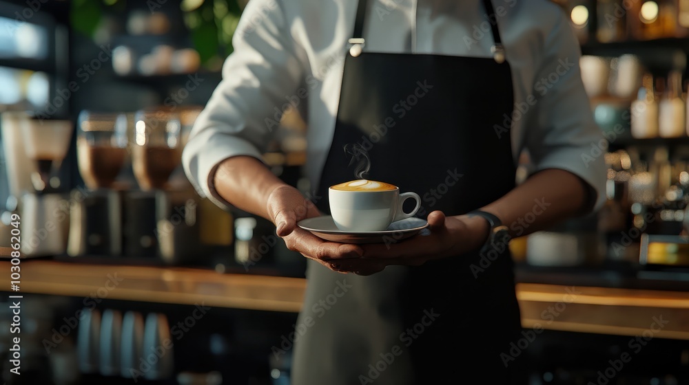 Waiter in black apron stretches a cup of coffee Waiter in black apron stretches a cup of coffee
