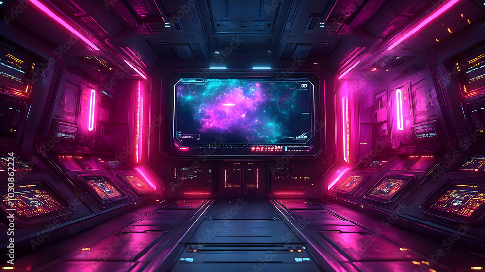 Futuristic corridor with neon lights and a cosmic view. Futuristic corridor with neon lights and a cosmic view.