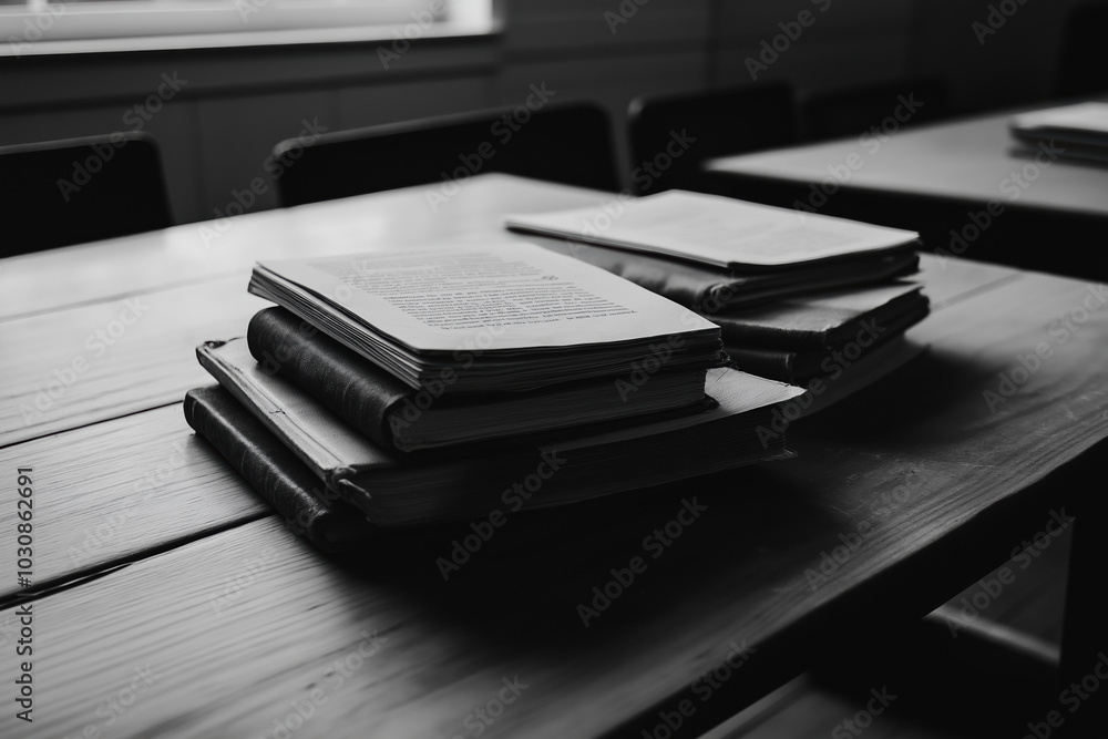 Stacked books on a wooden table in a quiet study room during afternoon light Stacked books on a wooden table in a quiet study room during afternoon light