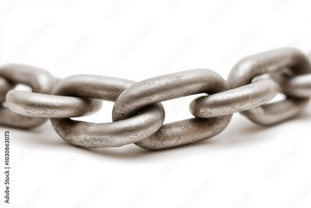 Fototapeta premium Close-up view of metallic chain links lying on a white background
