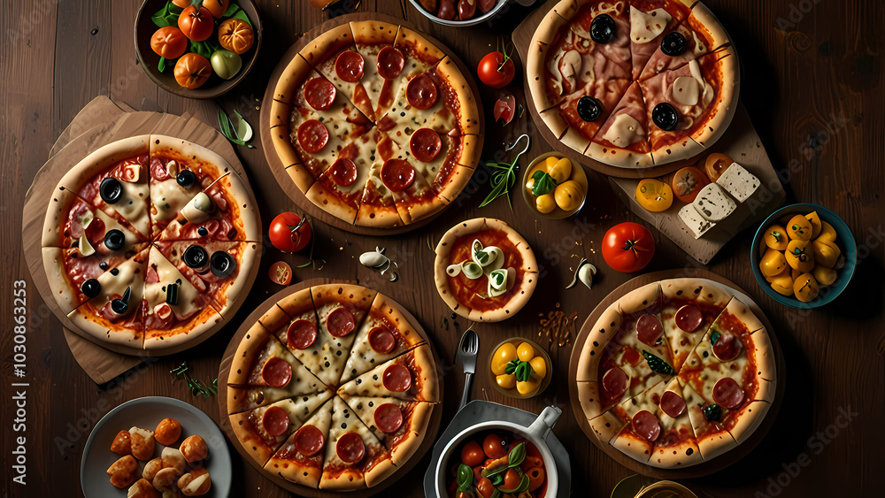 Kinds of pizza on a wooden table seen from above Kinds of pizza on a wooden table seen from above