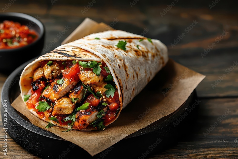 A delicious chicken wrap filled with fresh vegetables and herbs, served on a rustic wooden background with a side of salsa. A delicious chicken wrap filled with fresh vegetables and herbs, served on a rustic wooden background with a side of salsa.