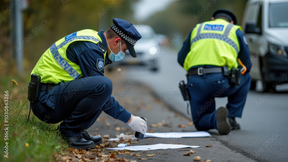 Two policemen taking notes and collecting evidence on the road after a road accident Two policemen taking notes and collecting evidence on the road after a road accident
