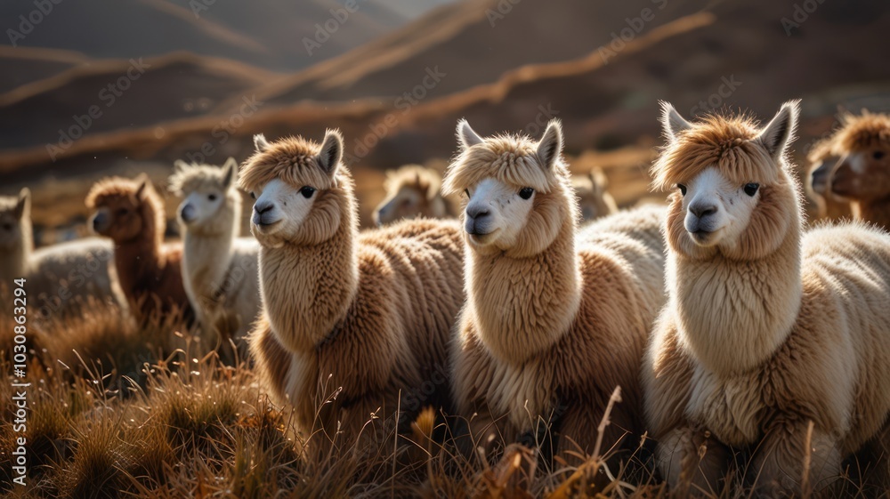 A herd of alpacas standing in a field, with a few alpacas looking directly at the camera. A herd of alpacas standing in a field, with a few alpacas looking directly at the camera.