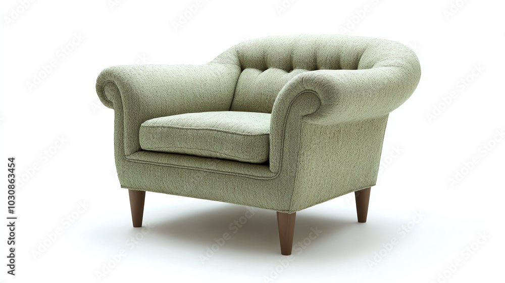 A charming, light green reading chair with a deep seat and soft, textured fabric, isolated on white to showcase its warm and inviting design, perfect for unwinding with a good book A charming, light green reading chair with a deep seat and soft, textured fabric, isolated on white to showcase its warm and inviting design, perfect for unwinding with a good book