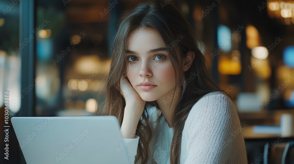 Fototapeta premium Young businesswoman thinking about something while sitting front open portable laptop computer reading email from client, long hours of work concept