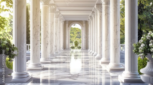 A grand marble corridor with intricate white columns bathed in soft sunlight, symbolizing classical architecture, luxury, and timeless elegance. Ideal for themes of historical structures.