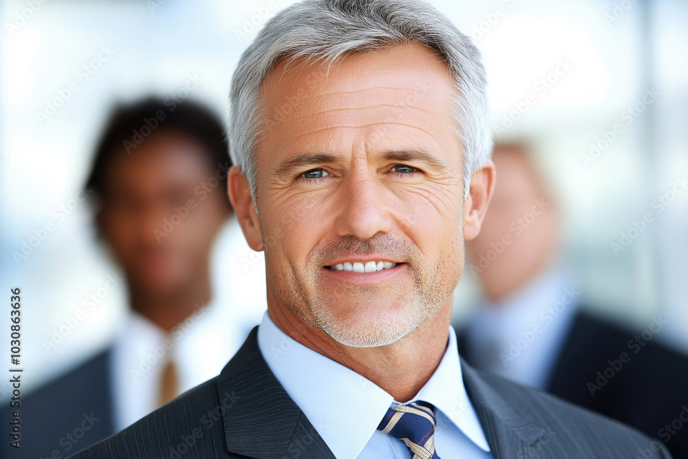 Confident businessman in a suit smiles warmly in a modern office setting Confident businessman in a suit smiles warmly in a modern office setting