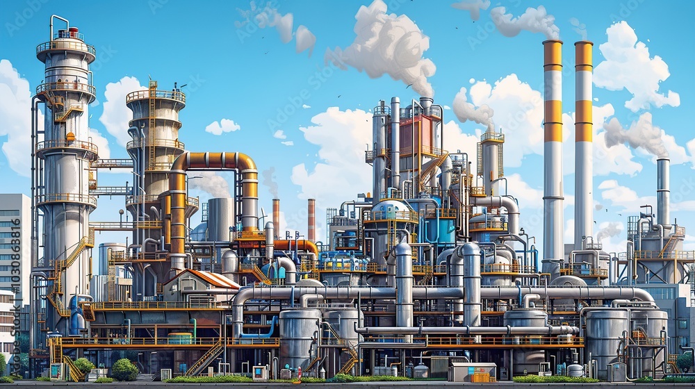 Exterior view of a chemical factory with an intricate array of pipes and ducts, set against a backdrop of buildings and smokestacks. Illustration capturing the industrial essence, oil refinery. High Exterior view of a chemical factory with an intricate array of pipes and ducts, set against a backdrop of buildings and smokestacks. Illustration capturing the industrial essence, oil refinery. High