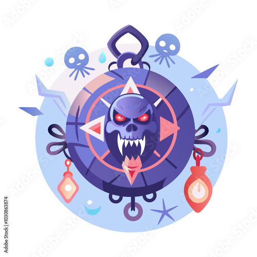 A flat illustration of mystical charm with a scary skull 