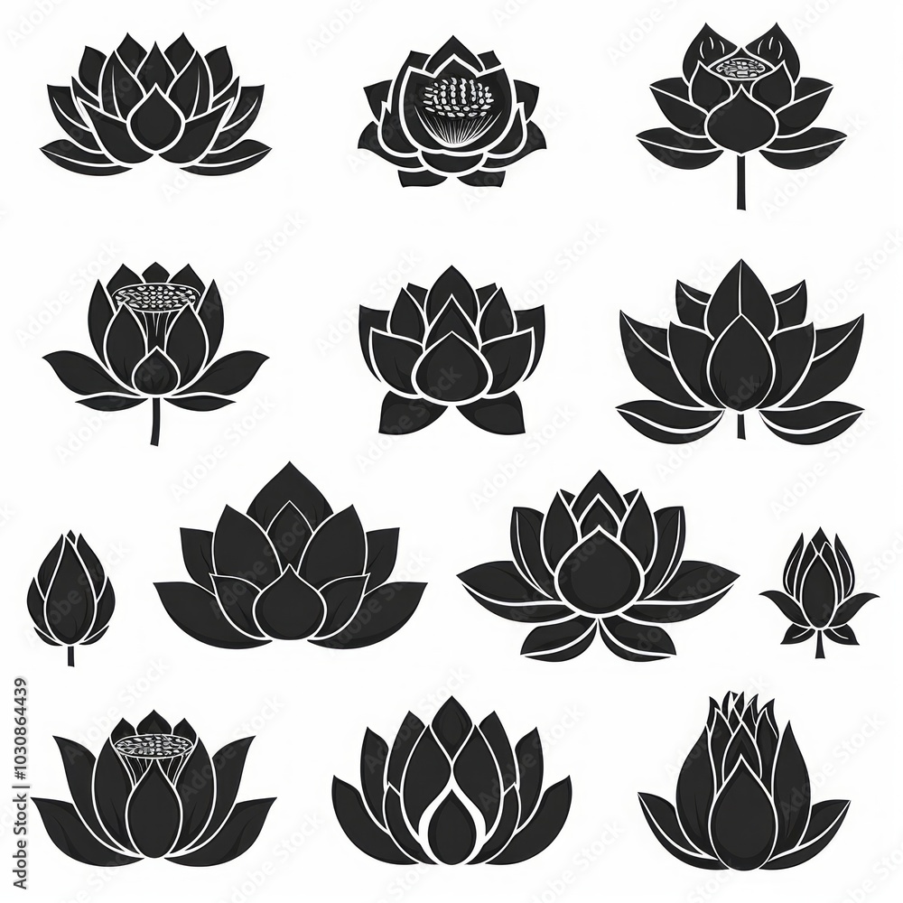A collection of minimalist black lotus flower designs arranged artistically on a white background for creative inspiration A collection of minimalist black lotus flower designs arranged artistically on a white background for creative inspiration