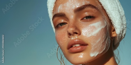 Close-up portrait of beautiful young woman with cream on her face, cosmetic mask on her face. Girl face care. Cosmetologists, beauty and spa. Moisturizing cream for skin care, blue background