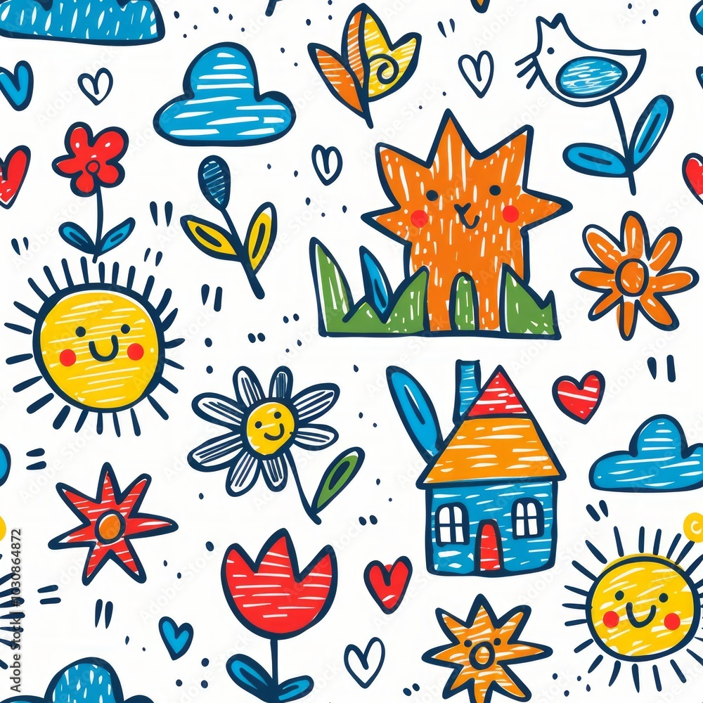 Bright and colorful doodle pattern featuring flowers, sunshine, and whimsical elements in a cheerful design for children Bright and colorful doodle pattern featuring flowers, sunshine, and whimsical elements in a cheerful design for children