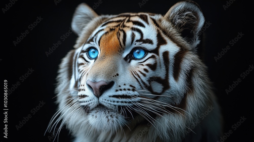 White Tiger with Blue Eyes on a Black Background, High-Detail Animal Portrait in an Ultra-Realistic Photographic Style
White Tiger with Blue Eyes on a Black Background, High-Detail Animal Portrait in an Ultra-Realistic Photographic Style