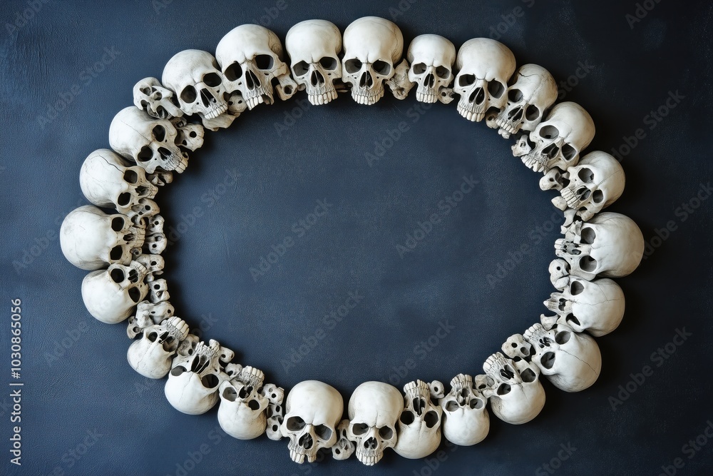 A haunting oval frame crafted from intricate skull designs against dark background. Generative AI A haunting oval frame crafted from intricate skull designs against dark background. Generative AI
