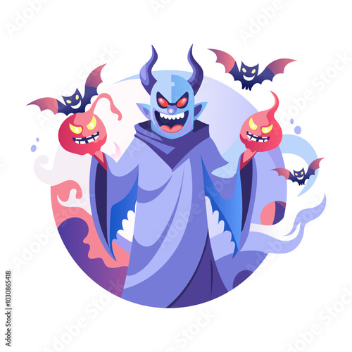 A flat illustration of scary demon with bats