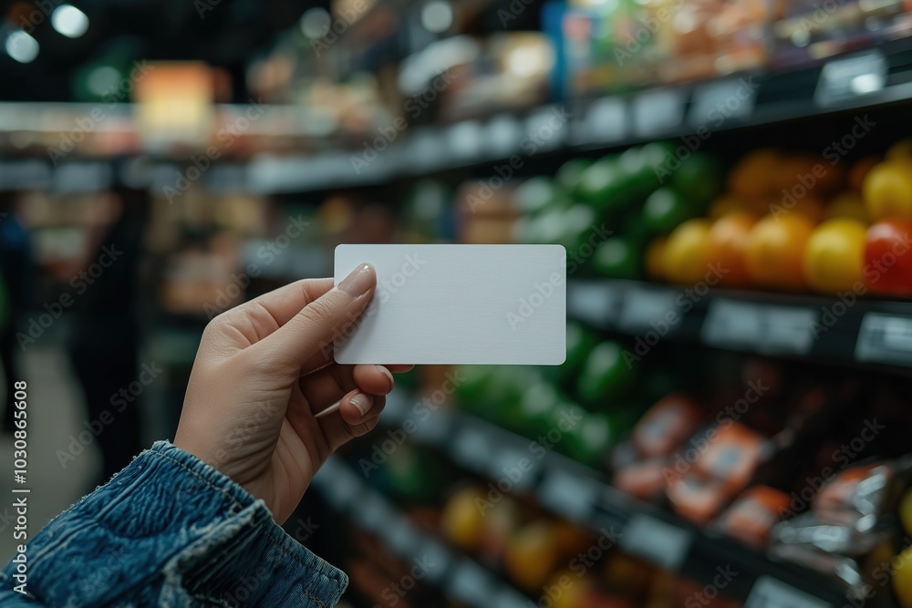 Person holding a blank card while shopping in a supermarket aisle filled with fresh produce Person holding a blank card while shopping in a supermarket aisle filled with fresh produce