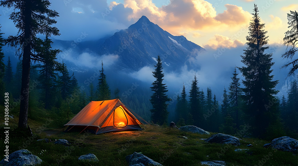 Serene camping scene with a tent in a mountainous landscape. Serene camping scene with a tent in a mountainous landscape.