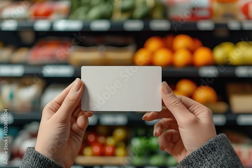 A person holding a blank card while shopping in a supermarket with fresh produce around photo