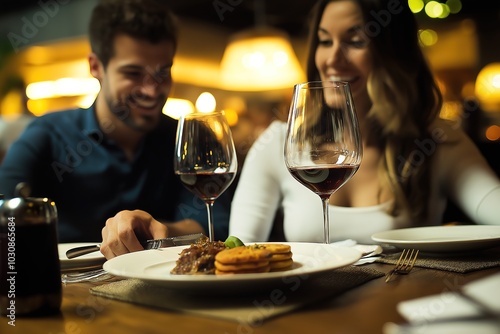 Couple enjoying a romantic dinner with steak and red wine at an intimate restaurant setting