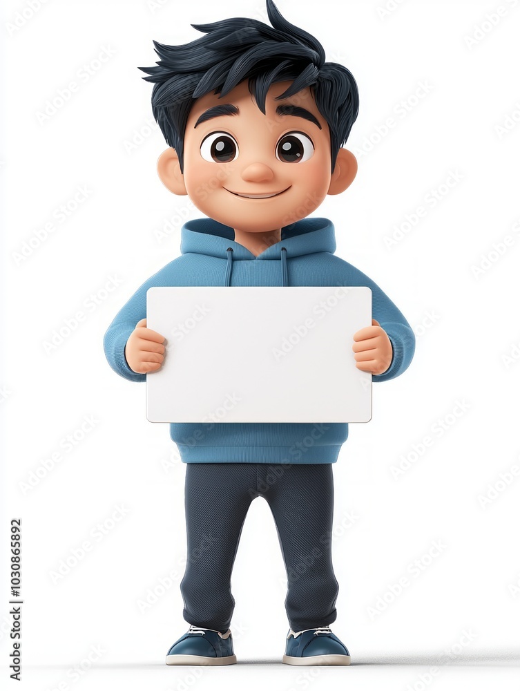 A cheerful animated character holding a blank sign in a casual blue hoodie, standing with a friendly smile against a plain background A cheerful animated character holding a blank sign in a casual blue hoodie, standing with a friendly smile against a plain background