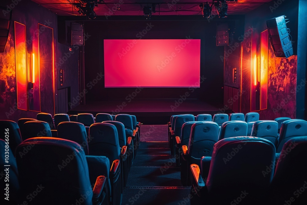 Fototapeta premium Empty Theater Seats with a Red Screen in a Dimly Lit Room