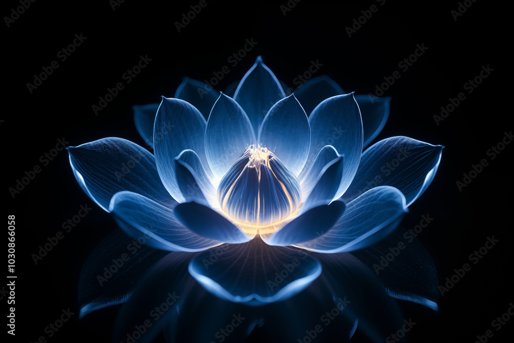 A close up of single lotus flower petal made from Blue neon glow light isolated on dark background A close up of single lotus flower petal made from Blue neon glow light isolated on dark background