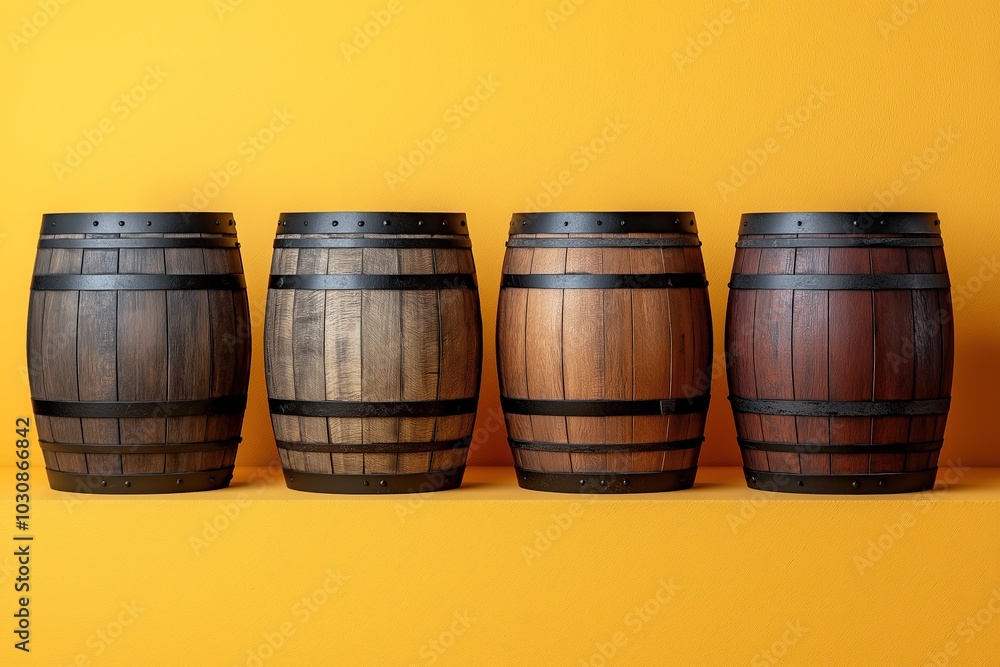 A row of wooden barrels against a vibrant yellow background showcasing diverse textures and colors A row of wooden barrels against a vibrant yellow background showcasing diverse textures and colors